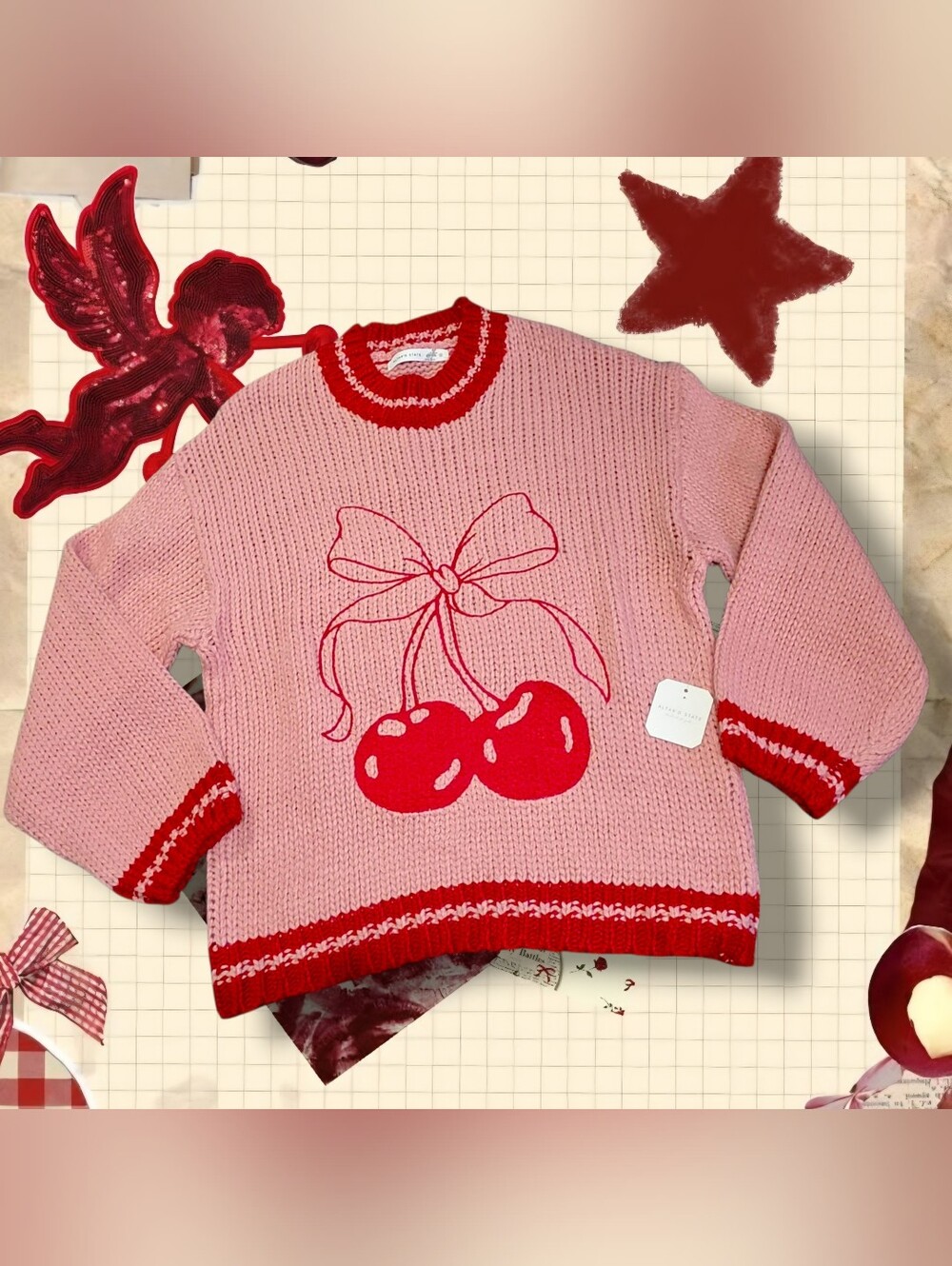 Altar'd State Pink Crewneck Sweater with Red Cherry Motif